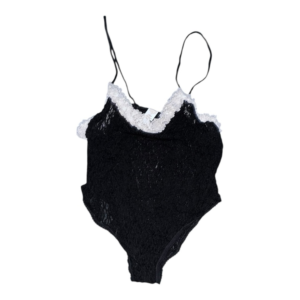VTG all lace body suit with white lace trim stretchy made in USA size large - Picture 3 of 8